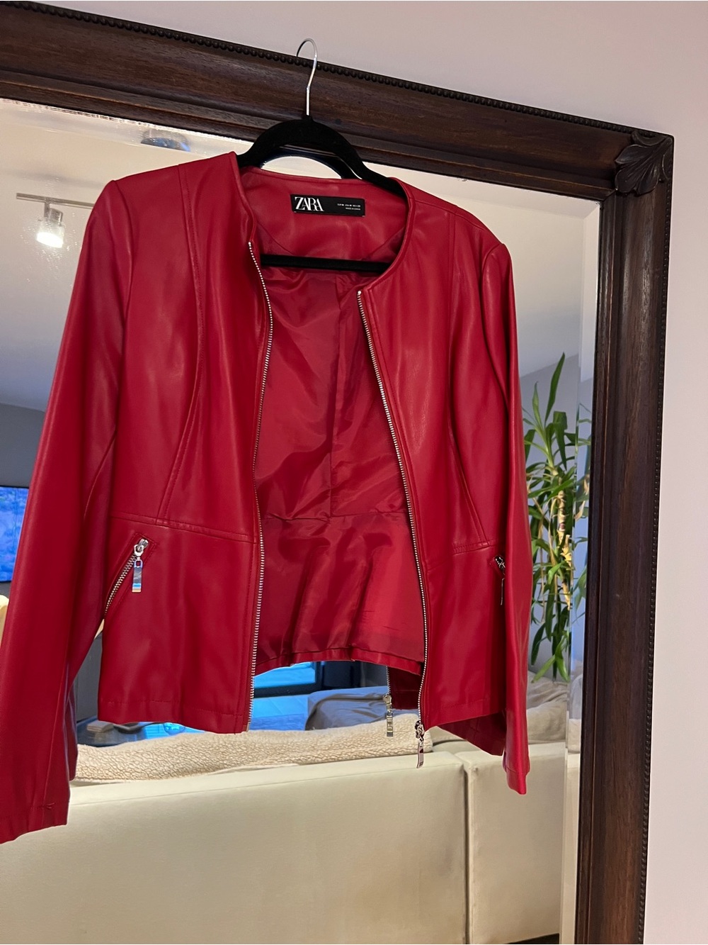 Zara Bright Red Faux Leather Zip-Front Jacket